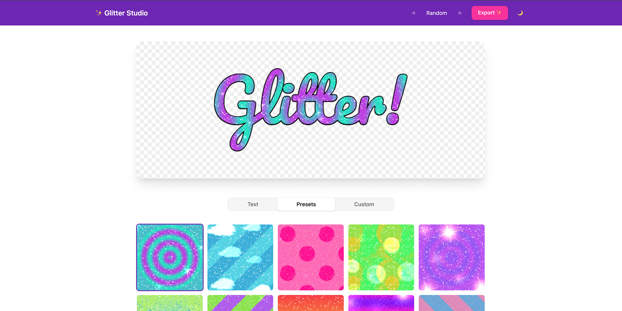 Glitter Studio showing preset glitter texture options
