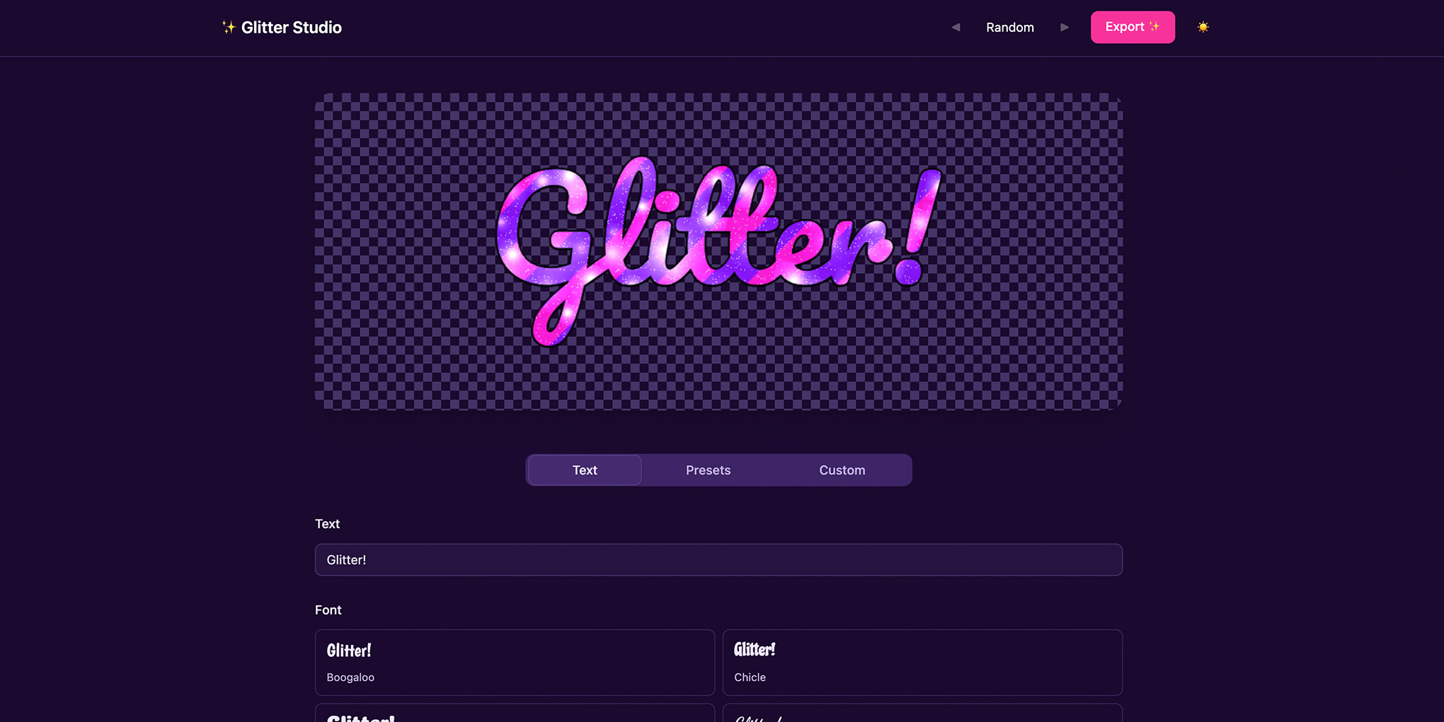 Glitter Studio showing customisation controls and colour picker