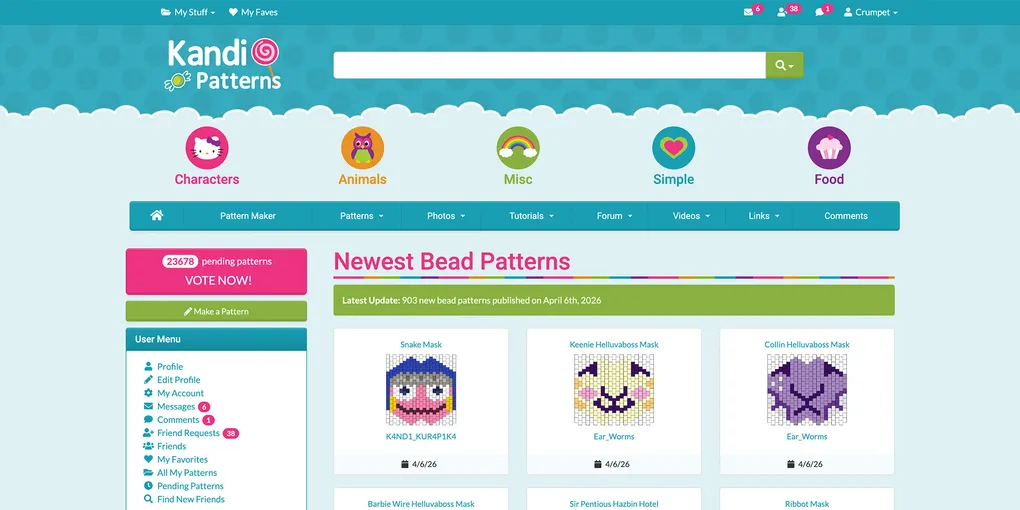 Kandi Patterns home page showing recent patterns