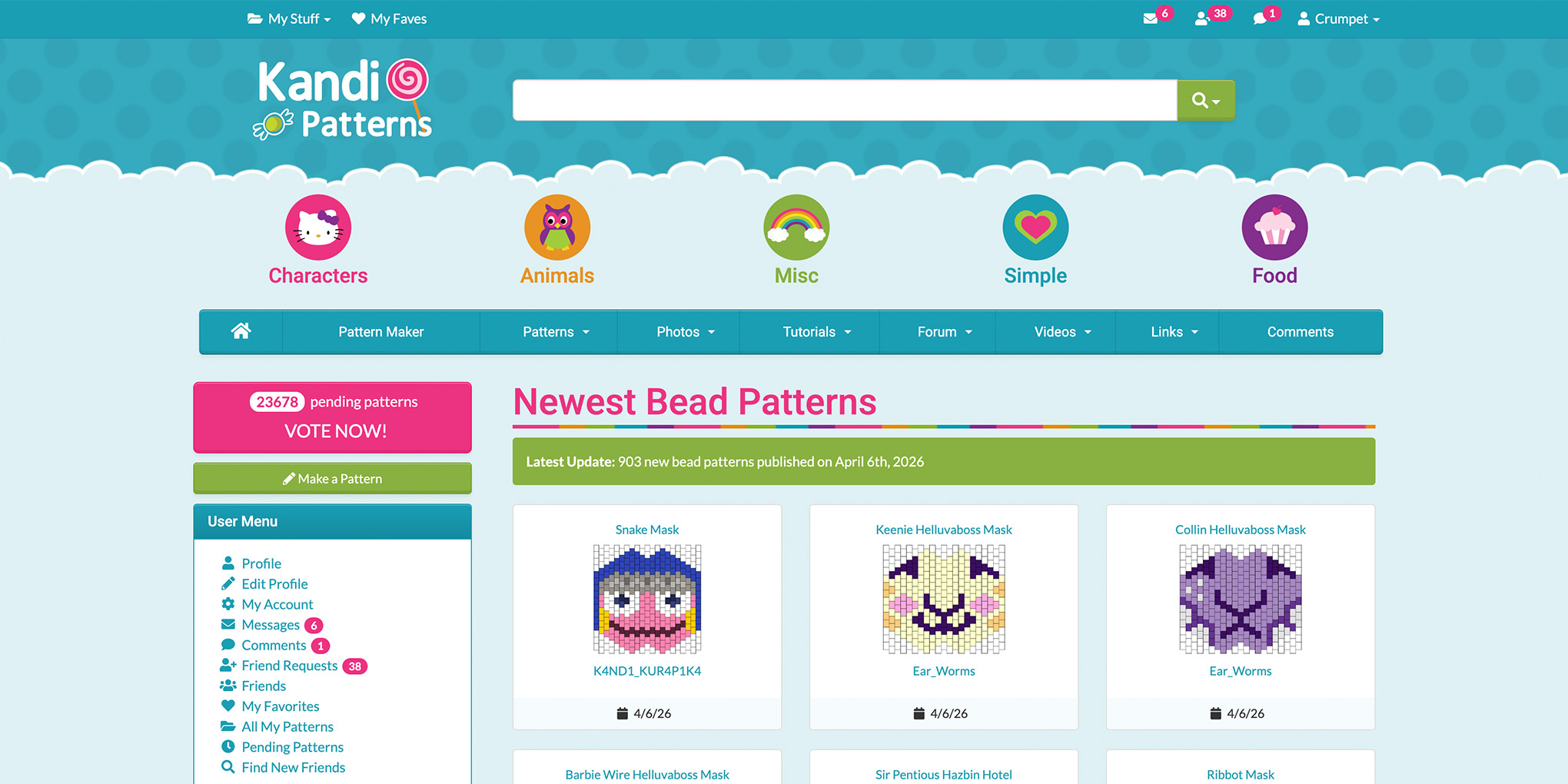 Kandi Patterns home page showing recent patterns