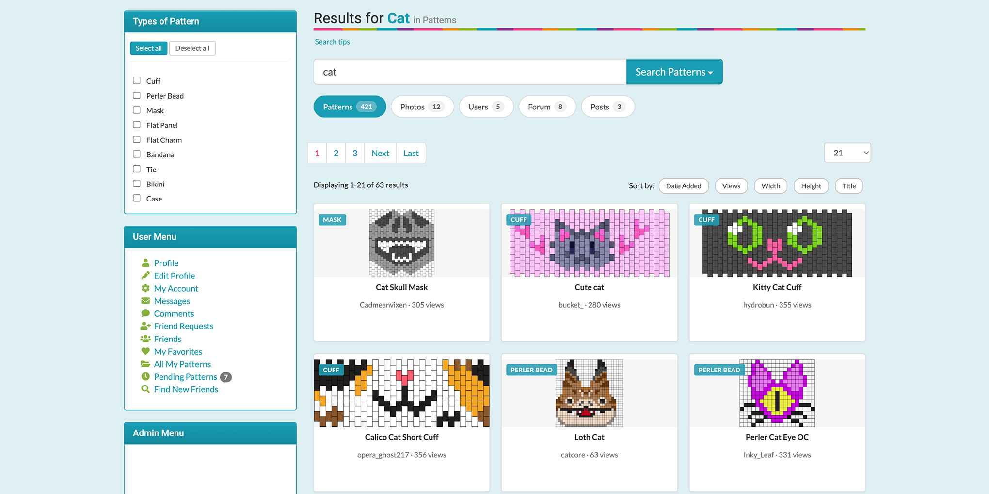Kandi Patterns website showing a search results page