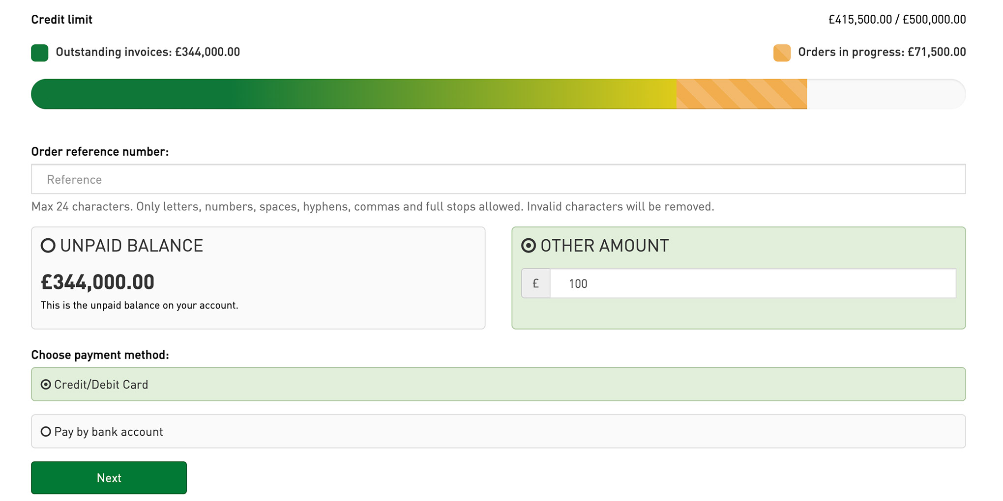 Payment page with credit card form